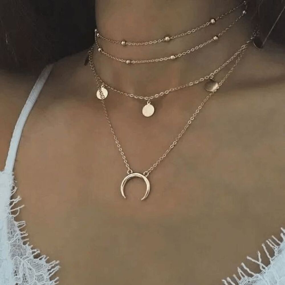 Layered Gold Disc and Crescent Necklace - Women - Picture 4 of 6